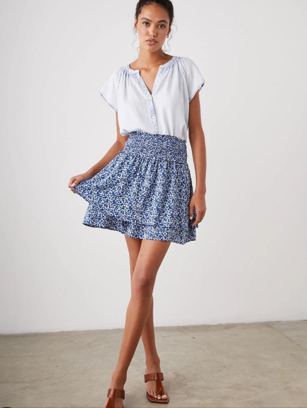 Rails Addison Navy Camelia Tonal Floral Smocked Waist Tiered Mini Skirt XS